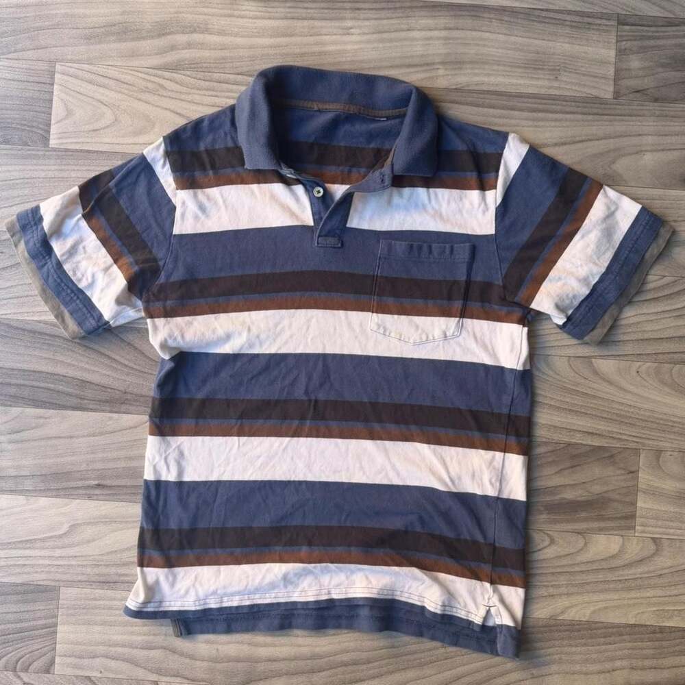 Vintage Y2K Striped Polo Shirt Mens XS Blue Brown White Short Sleeve Pocket